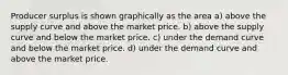 Producer surplus is shown graphically as the area a) above the supply curve and above the market price. b) above the supply curve and below the market price. c) under the demand curve and below the market price. d) under the demand curve and above the market price.