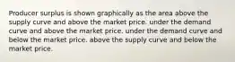 Producer surplus is shown graphically as the area above the supply curve and above the market price. under the demand curve and above the market price. under the demand curve and below the market price. above the supply curve and below the market price.