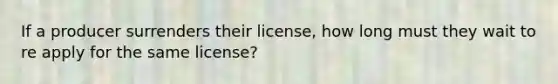 If a producer surrenders their license, how long must they wait to re apply for the same license?