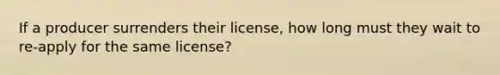 If a producer surrenders their license, how long must they wait to re-apply for the same license?