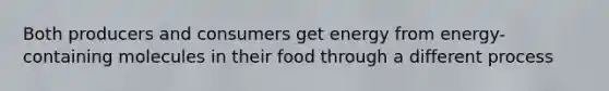 Both producers and consumers get energy from energy-containing molecules in their food through a different process