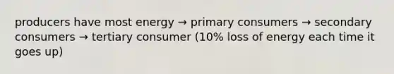 producers have most energy → primary consumers → secondary consumers → tertiary consumer (10% loss of energy each time it goes up)