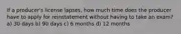 If a producer's license lapses, how much time does the producer have to apply for reinstatement without having to take an exam? a) 30 days b) 90 days c) 6 months d) 12 months