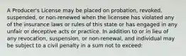 A Producer's License may be placed on probation, revoked, suspended, or non-renewed when the licensee has violated any of the insurance laws or rules of this state or has engaged in any unfair or deceptive acts or practice. In addition to or in lieu of any revocation, suspension, or non-renewal, and individual may be subject to a civil penalty in a sum not to exceed: