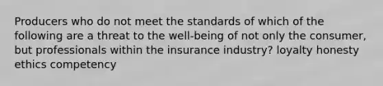 Producers who do not meet the standards of which of the following are a threat to the well-being of not only the consumer, but professionals within the insurance industry? loyalty honesty ethics competency