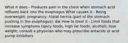 What it does - Produces pain in the chest when stomach acid refluxes back into the esophagus What causes it - Being overweight; pregnancy; hiatal hernia (part of the stomach pushing in the esophagus); die How to treat it - Limit foods that increase symptoms (spicy foods, high fat foods, alcohol); lose weight; consult a physician who may prescribe antacids or acid pump inhibitors