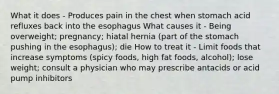 What it does - Produces pain in the chest when stomach acid refluxes back into the esophagus What causes it - Being overweight; pregnancy; hiatal hernia (part of the stomach pushing in the esophagus); die How to treat it - Limit foods that increase symptoms (spicy foods, high fat foods, alcohol); lose weight; consult a physician who may prescribe antacids or acid pump inhibitors