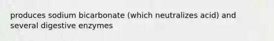 produces sodium bicarbonate (which neutralizes acid) and several digestive enzymes