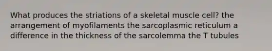 What produces the striations of a skeletal muscle cell? the arrangement of myofilaments the sarcoplasmic reticulum a difference in the thickness of the sarcolemma the T tubules