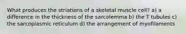 What produces the striations of a skeletal muscle cell? a) a difference in the thickness of the sarcolemma b) the T tubules c) the sarcoplasmic reticulum d) the arrangement of myofilaments