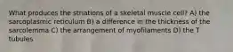 What produces the striations of a skeletal muscle cell? A) the sarcoplasmic reticulum B) a difference in the thickness of the sarcolemma C) the arrangement of myofilaments D) the T tubules