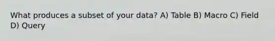 What produces a subset of your data? A) Table B) Macro C) Field D) Query