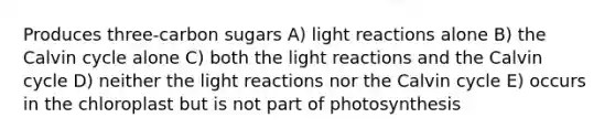 Produces three-carbon sugars A) light reactions alone B) the Calvin cycle alone C) both the light reactions and the Calvin cycle D) neither the light reactions nor the Calvin cycle E) occurs in the chloroplast but is not part of photosynthesis