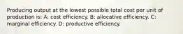 Producing output at the lowest possible total cost per unit of production is: A: cost efficiency. B: allocative efficiency. C: marginal efficiency. D: productive efficiency.