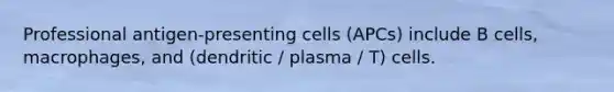 Professional antigen-presenting cells (APCs) include B cells, macrophages, and (dendritic / plasma / T) cells.