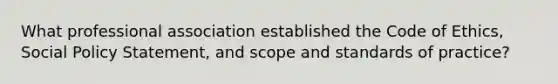 What professional association established the Code of Ethics, Social Policy Statement, and scope and standards of practice?