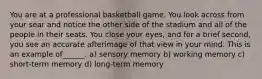 You are at a professional basketball game. You look across from your sear and notice the other side of the stadium and all of the people in their seats. You close your eyes, and for a brief second, you see an accurate afterimage of that view in your mind. This is an example of______. a) sensory memory b) working memory c) short-term memory d) long-term memory