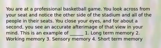 You are at a professional basketball game. You look across from your seat and notice the other side of the stadium and all of the people in their seats. You close your eyes, and for about a second, you see an accurate afterimage of that view in your mind. This is an example of ______ 1. Long term memory 2. Working memory 3. Sensory memory 4. Short term memory