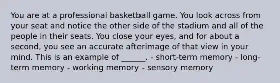 You are at a professional basketball game. You look across from your seat and notice the other side of the stadium and all of the people in their seats. You close your eyes, and for about a second, you see an accurate afterimage of that view in your mind. This is an example of ______. - short-term memory - long-term memory - working memory - sensory memory