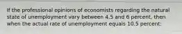 If the professional opinions of economists regarding the natural state of unemployment vary between 4.5 and 6 percent, then when the actual rate of unemployment equals 10.5 percent: