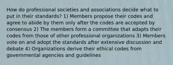 How do professional societies and associations decide what to put in their standards? 1) Members propose their codes and agree to abide by them only after the codes are accepted by consensus 2) The members form a committee that adapts their codes from those of other professional organizations 3) Members vote on and adopt the standards after extensive discussion and debate 4) Organizations derive their ethical codes from governmental agencies and guidelines