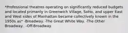 *Professional theatres operating on significantly reduced budgets and located primarily in Greenwich Village, SoHo, and upper East and West sides of Manhattan became collectively known in the 1950s as* -Broadway. -The Great White Way. -The Other Broadway.. -Off-Broadway.