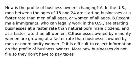 How is the profile of business owners changing? A. In the U.S., men between the ages of 18 and 24 are starting businesses at a faster rate than men of all ages, or women of all ages. B.Recent male immigrants, who can legally work in the U.S., are starting businesses at a faster rate than natural-born male citizens, and at a faster rate than all women. C.Businesses owned by minority women are growing at a faster rate than businesses owned by men or nonminority women. D.It is difficult to collect information on the profile of business owners. Most new businesses do not file so they don't have to pay taxes