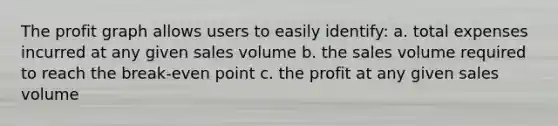 The profit graph allows users to easily identify: a. total expenses incurred at any given sales volume b. the sales volume required to reach the break-even point c. the profit at any given sales volume