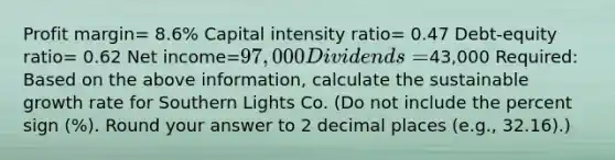 Profit margin= 8.6% Capital intensity ratio= 0.47 Debt-equity ratio= 0.62 Net income=97,000 Dividends=43,000 Required: Based on the above information, calculate the sustainable growth rate for Southern Lights Co. (Do not include the percent sign (%). Round your answer to 2 decimal places (e.g., 32.16).)