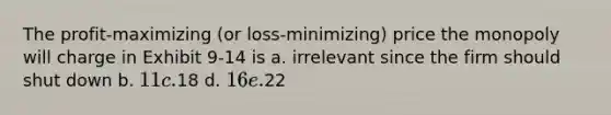 The profit-maximizing (or loss-minimizing) price the monopoly will charge in Exhibit 9-14 is a. irrelevant since the firm should shut down b. 11 c.18 d. 16 e.22