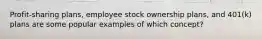 Profit-sharing plans, employee stock ownership plans, and 401(k) plans are some popular examples of which concept?