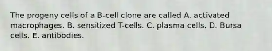 The progeny cells of a B-cell clone are called A. activated macrophages. B. sensitized T-cells. C. plasma cells. D. Bursa cells. E. antibodies.