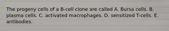 The progeny cells of a B-cell clone are called A. Bursa cells. B. plasma cells. C. activated macrophages. D. sensitized T-cells. E. antibodies.