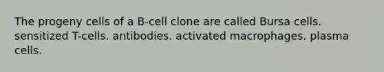 The progeny cells of a B-cell clone are called Bursa cells. sensitized T-cells. antibodies. activated macrophages. plasma cells.