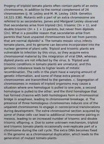 Progeny of triploid tomato plants often contain parts of an extra chromosome, in addition to the normal complement of 24 chromosomes (J. W. Lesley and M. M. Lesley. 1929. Genetics 14:321-336). Mutants with a part of an extra chromosome are referred to as secondaries. James and Margaret Lesley observed that secondaries arise from triploid (3n), trisomic (3n + 1), and double trisomic (3n + 1 + 1) parents, but never from diploids (2n). What is a possible reason that secondaries arise from parents that have unpaired chromosomes but not from parents that are normal diploids? a. The tomato mosaic virus infects tomato plants, and its genome can become incorporated into the nuclear genome of plant cells. Triploid and trisomic plants are vulnerable to infection by this virus, so they acquire extra chromosomal material by the integration of viral DNA, whereas diploid plants are not infected by the virus. b. Triploid and trisomic conditions in tomato plants are unnatural, and this genomic imbalance leads to higher levels of mitotic recombination. The cells in the plant have a varying amount of genetic information, and some of these extra pieces of chromosomes are transmitted to the gametes. c. Segregation of chromosomes in meiosis of triploid organisms may cause a situation where one homologue is pulled to one pole, a second homologue is pulled to the other, and the third homologue that has formed chiasma with both homologues form a chromosomal bridge in anaphase, leading to chromosomal breakage. d. The presence of three homologous chromosomes induces one of the unpaired chromosomes to engage in nonreciprocal translocations during development. The extra chromosomal section acquired by some of these cells can lead to additional chromosome pairing in meiosis, leading to an increased number of trisomic and double trisomic offspring. e. Due to some unknown mechanism, triploid and trisomic tomato plants occasionally over-replicate part of a chromsome during the <a href='https://www.questionai.com/knowledge/keQNMM7c75-cell-cycle' class='anchor-knowledge'>cell cycle</a>. The extra DNA becomes fixed in the genome as a chromosomal duplication, which leads to the generation of mutant tomato plants.