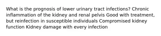 What is the prognosis of lower urinary tract infections? Chronic inflammation of the kidney and renal pelvis Good with treatment, but reinfection in susceptible individuals Compromised kidney function Kidney damage with every infection