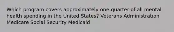 Which program covers approximately one-quarter of all mental health spending in the United States? Veterans Administration Medicare Social Security Medicaid