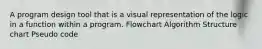 A program design tool that is a visual representation of the logic in a function within a program. Flowchart Algorithm Structure chart Pseudo code