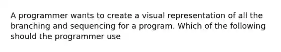 A programmer wants to create a visual representation of all the branching and sequencing for a program. Which of the following should the programmer use