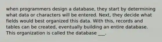 when programmers design a database, they start by determining what data or characters will be entered. Next, they decide what fields would best organized this data. With this, records and tables can be created, eventually building an entire database. This organization is called the database ___.