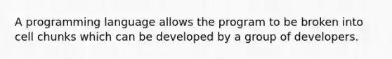 A programming language allows the program to be broken into cell chunks which can be developed by a group of developers.