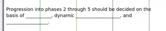 Progression into phases 2 through 5 should be decided on the basis of ___________, dynamic ___________________, and __________________.