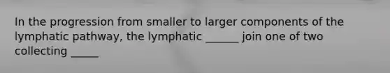 In the progression from smaller to larger components of the lymphatic pathway, the lymphatic ______ join one of two collecting _____