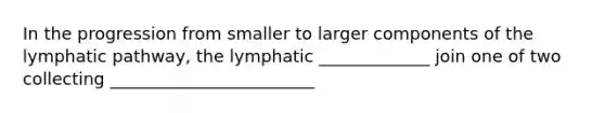 In the progression from smaller to larger components of the lymphatic pathway, the lymphatic _____________ join one of two collecting ________________________