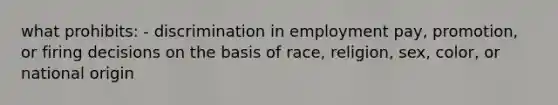 what prohibits: - discrimination in employment pay, promotion, or firing decisions on the basis of race, religion, sex, color, or national origin