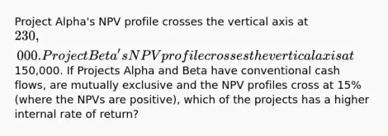 Project Alpha's NPV profile crosses the vertical axis at 230,000. Project Beta's NPV profile crosses the vertical axis at150,000. If Projects Alpha and Beta have conventional cash flows, are mutually exclusive and the NPV profiles cross at 15% (where the NPVs are positive), which of the projects has a higher internal rate of return?