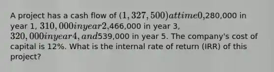 A project has a cash flow of (1,327,500) at time 0,280,000 in year 1, 310,000 in year 2,466,000 in year 3, 320,000 in year 4, and539,000 in year 5. The company's cost of capital is 12%. What is the internal rate of return (IRR) of this project?