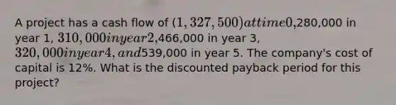 A project has a cash flow of (1,327,500) at time 0,280,000 in year 1, 310,000 in year 2,466,000 in year 3, 320,000 in year 4, and539,000 in year 5. The company's cost of capital is 12%. What is the discounted payback period for this project?