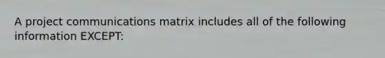 A project communications matrix includes all of the following information EXCEPT: