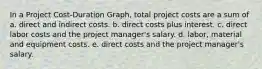 In a Project Cost-Duration Graph, total project costs are a sum of a. direct and indirect costs. b. direct costs plus interest. c. direct labor costs and the project manager's salary. d. labor, material and equipment costs. e. direct costs and the project manager's salary.